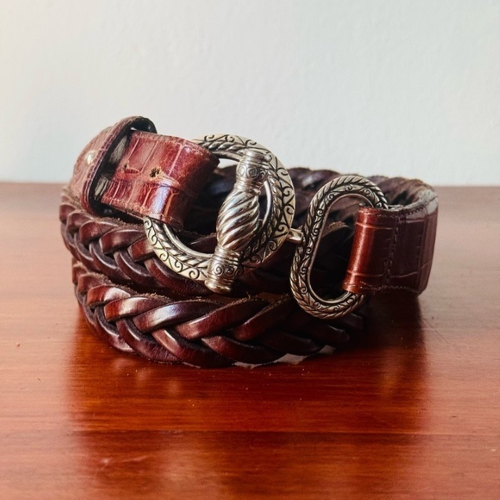 Vintage Brighton Double Braided Leather Belt with Silver Filigree Buckle XL